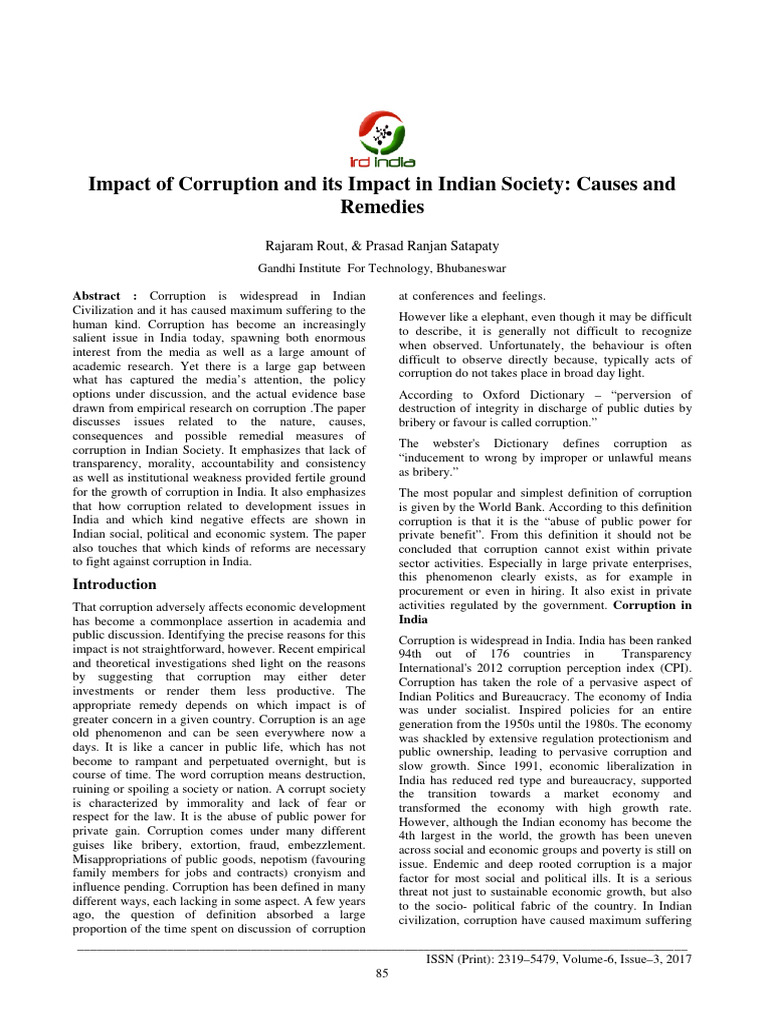 Corruption in India: Causes and Solutions | PDF | Political Corruption ...