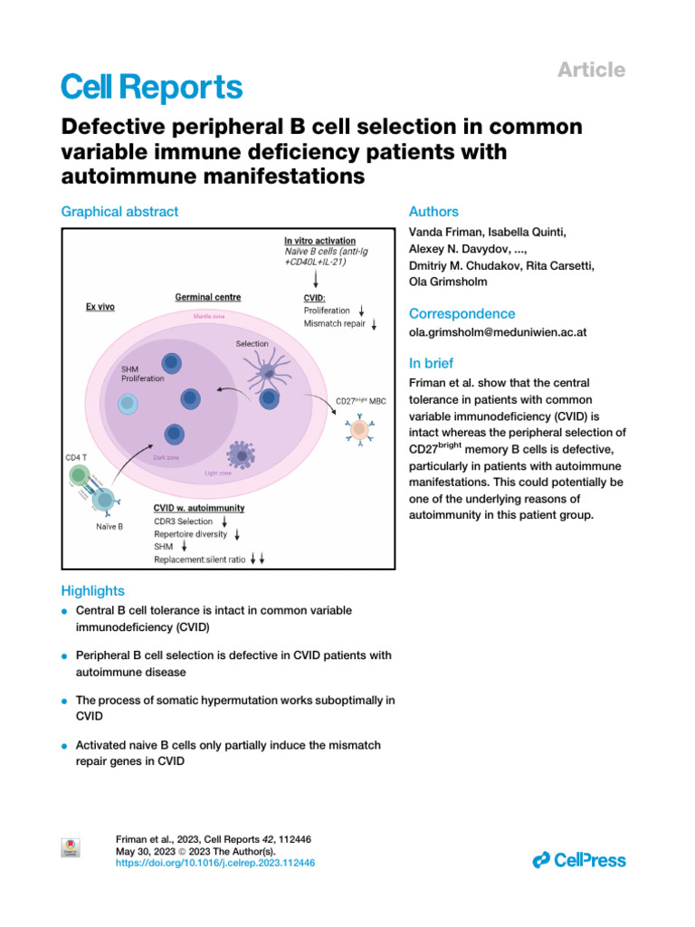 Defective Peripheral B Cell Selection in Common Variable Immune ...
