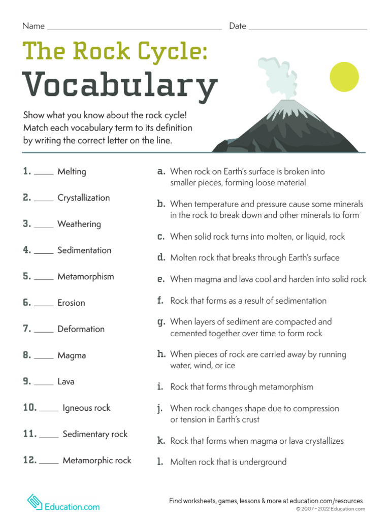 Rock Cycle Vocabulary Matching Worksheet | PDF | Science & Mathematics