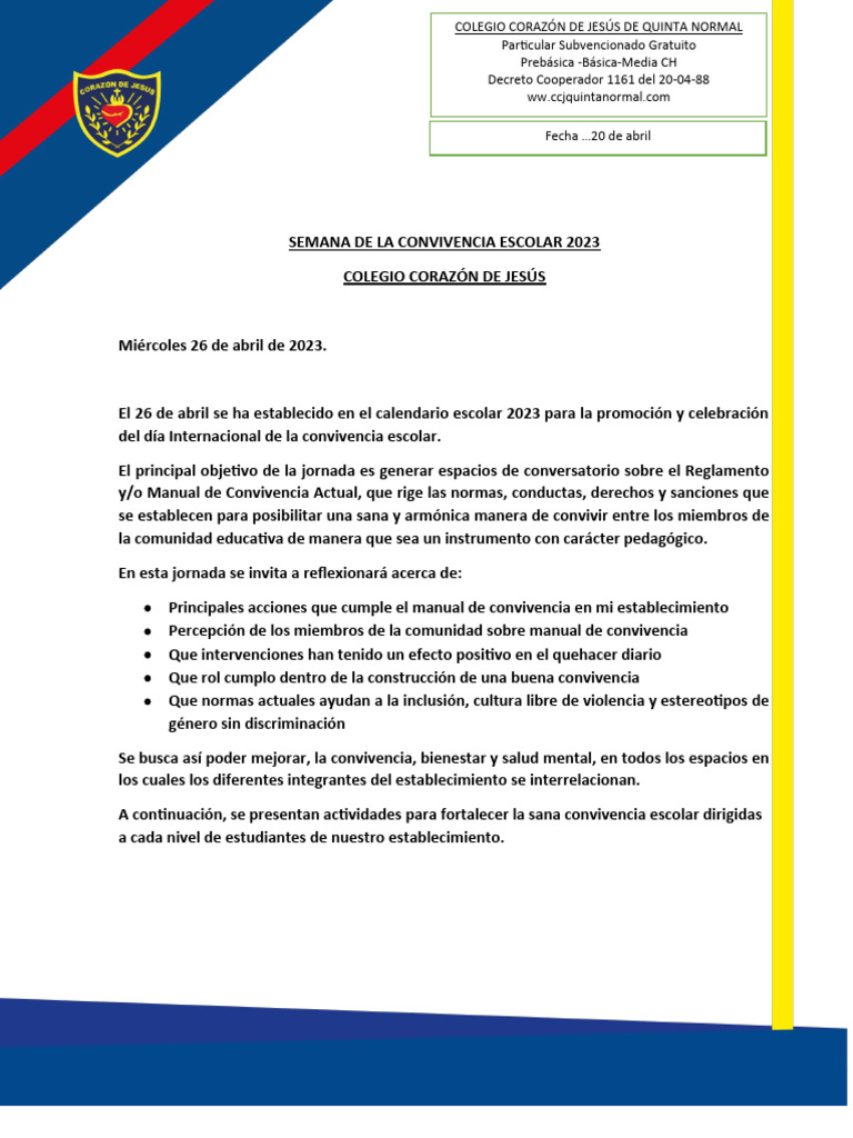 Semana de la Convivencia Escolar 2023 | PDF | Educación de la primera ...