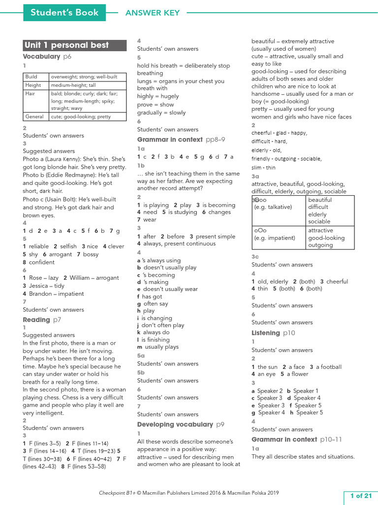 Checkpoint B1+ Answer Key | PDF