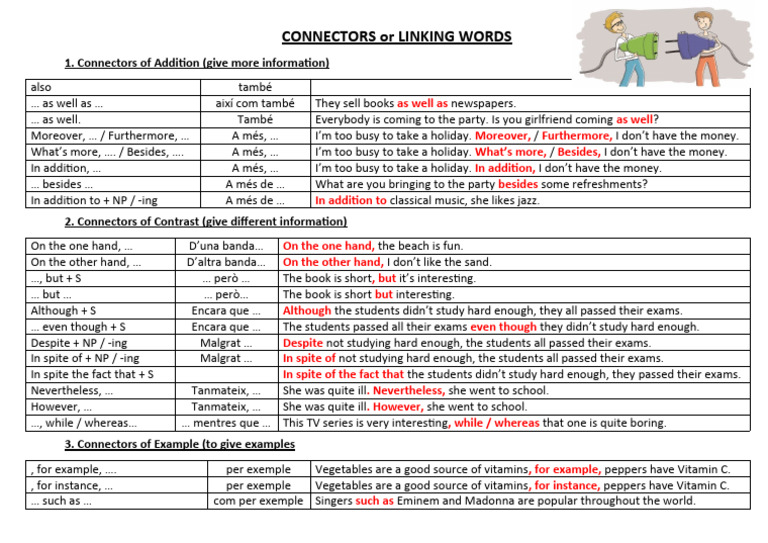 Connectors of Addition Contrast Examples PDF