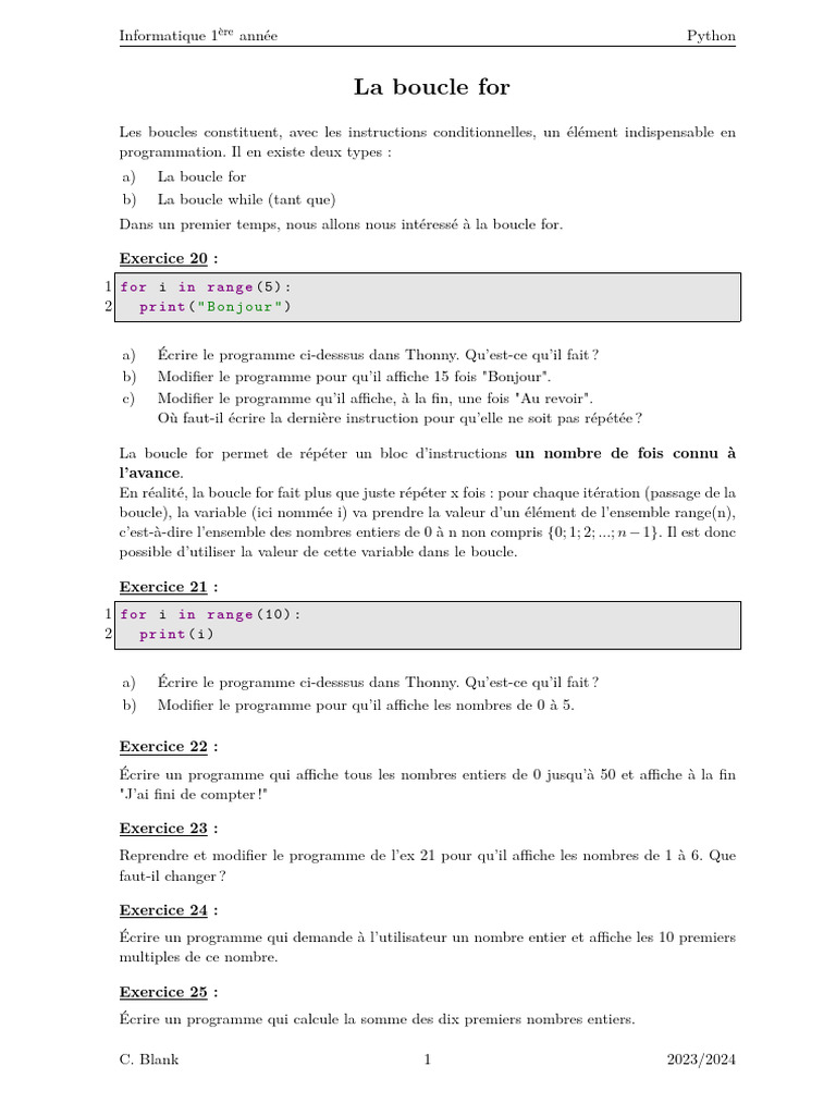 Introduction à la boucle for en Python | PDF | Structure de contrôle ...