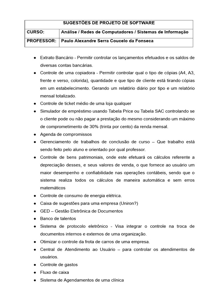 Projetos de Software para Estudantes | PDF | Identificação de ...