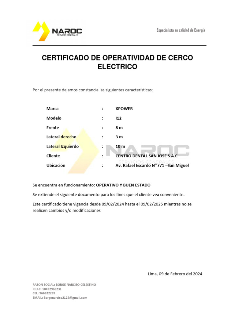 Certificado de Operatividad Eléctrica | PDF