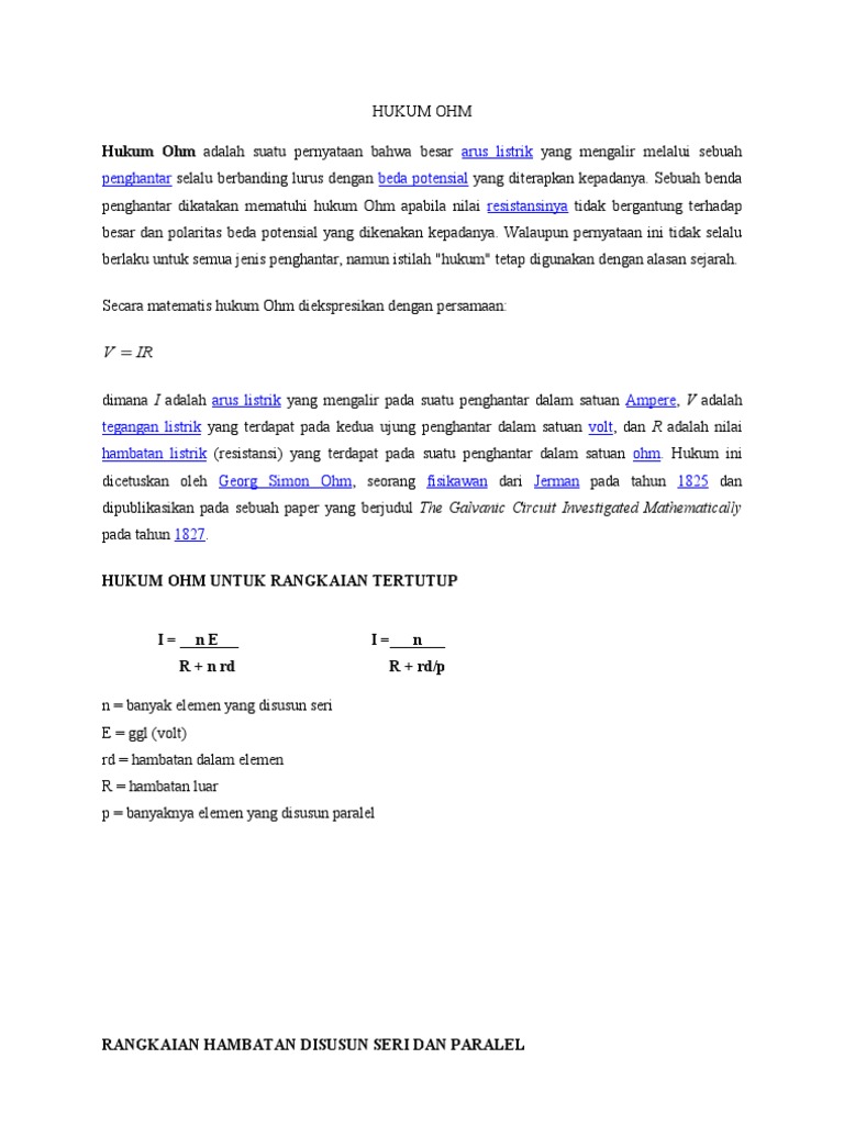 Persamaan matematis hukum ohm