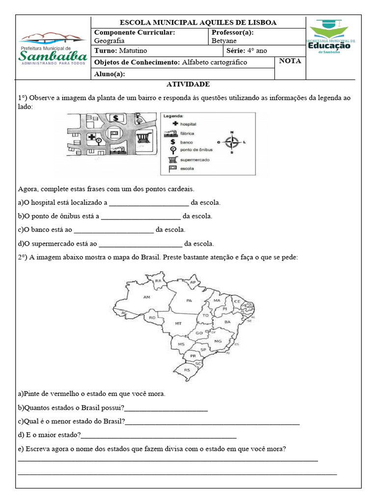 Atividade de Geografia: Mapa do Brasil 4º Ano | PDF