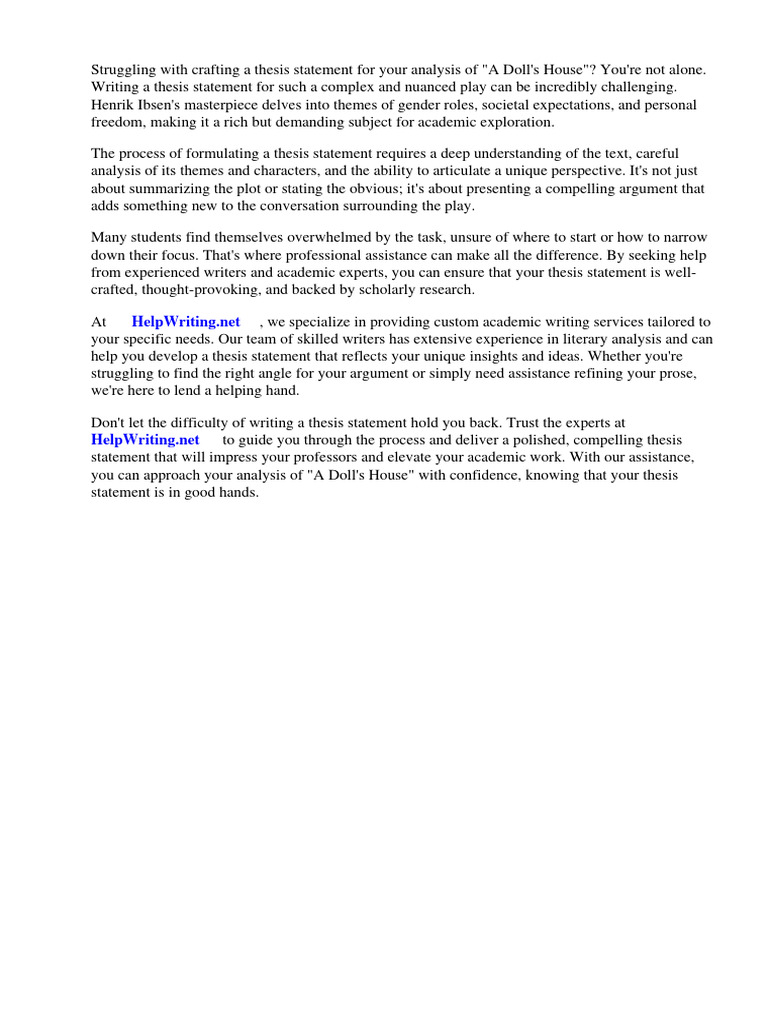 Thesis Statement Examples For A Dolls House Download Free PDF Essays A Doll's House