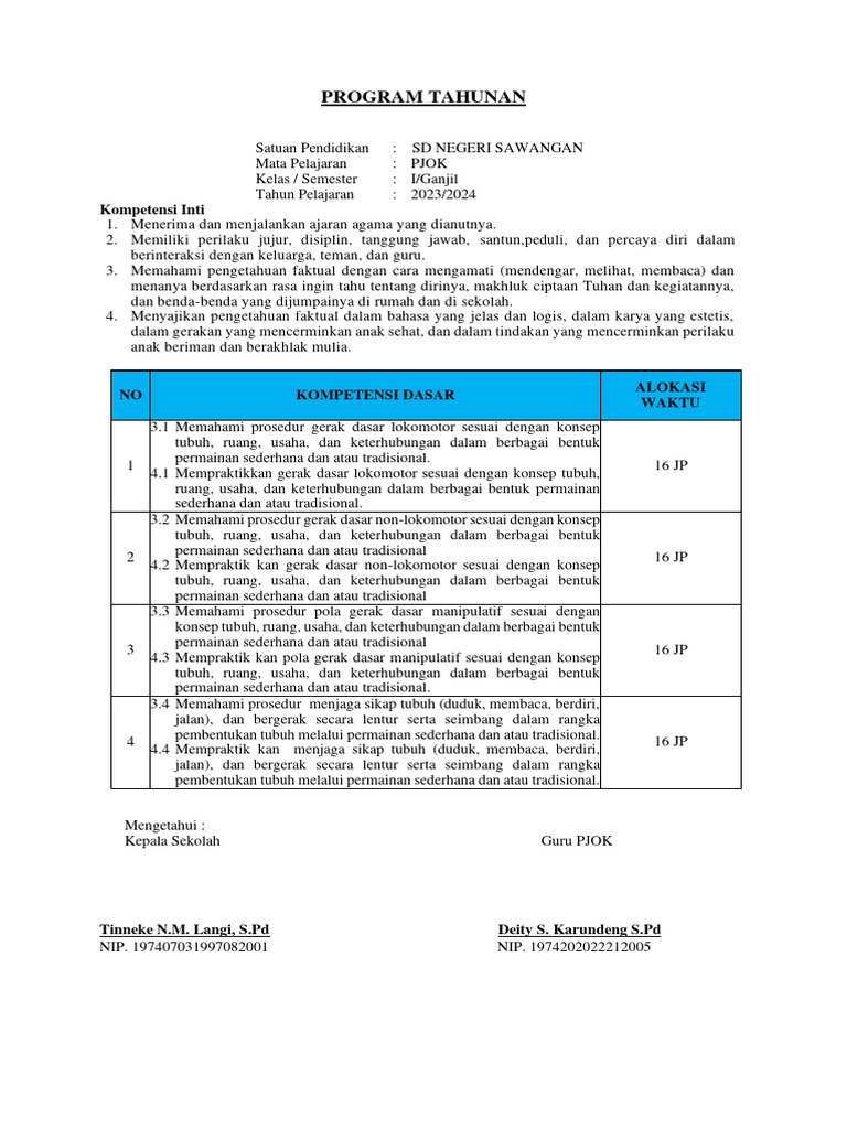 Prota PJOK Kelas 1 Semester 1 | PDF