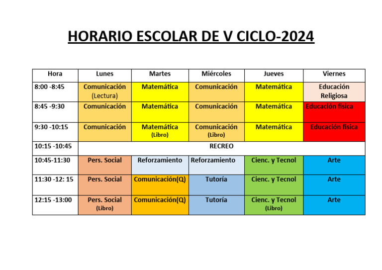 Horario Escolar V Ciclo 2024 | PDF | Ciencias sociales