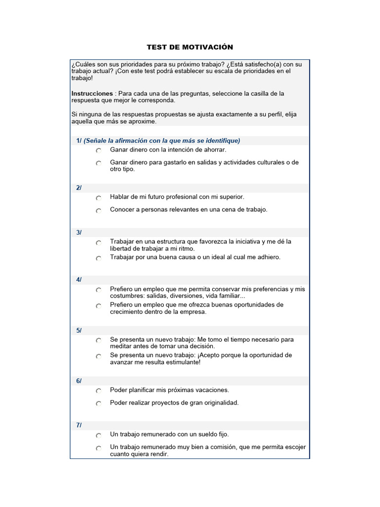 Test de Motivación | Descargar gratis PDF | Empleo | Business