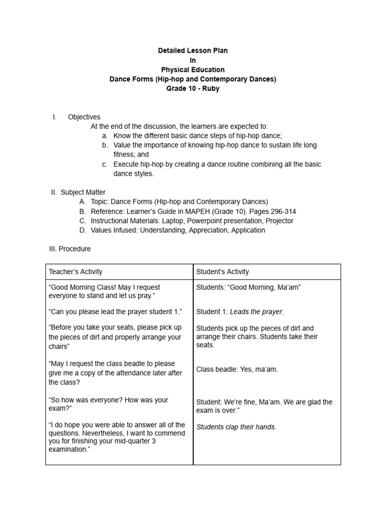 Grade 10 Hip-Hop Dance Lesson Plan | PDF | Dances | Physical Fitness