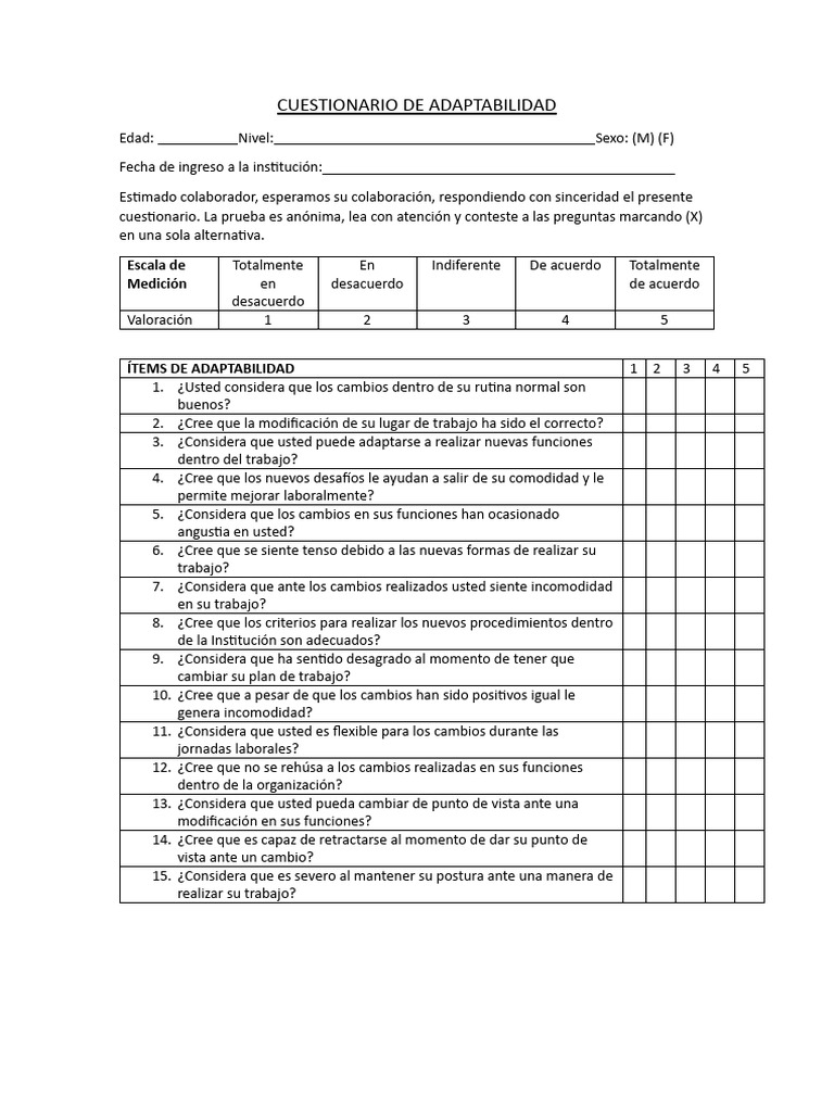 Cuestionario de Adaptabilidad Laboral | PDF | Crecimiento personal y ...