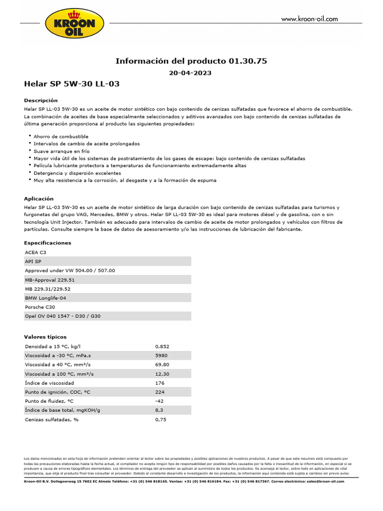 PI 013075 Helar SP 5w 30 LL 03 ES | PDF | Aceite de motor | Lubricante