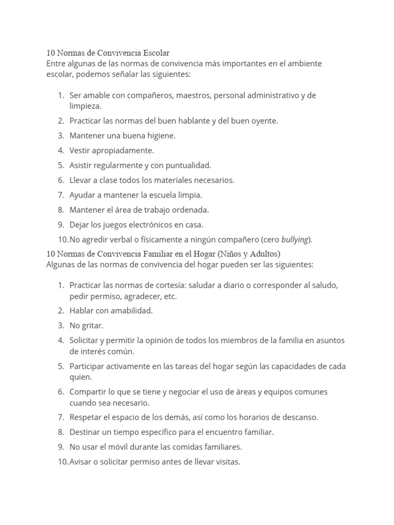 10 Normas De Convivencia Escolar Pdf