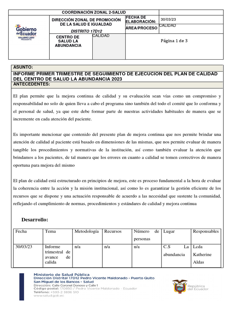 Informe Trimestral Calidad | PDF