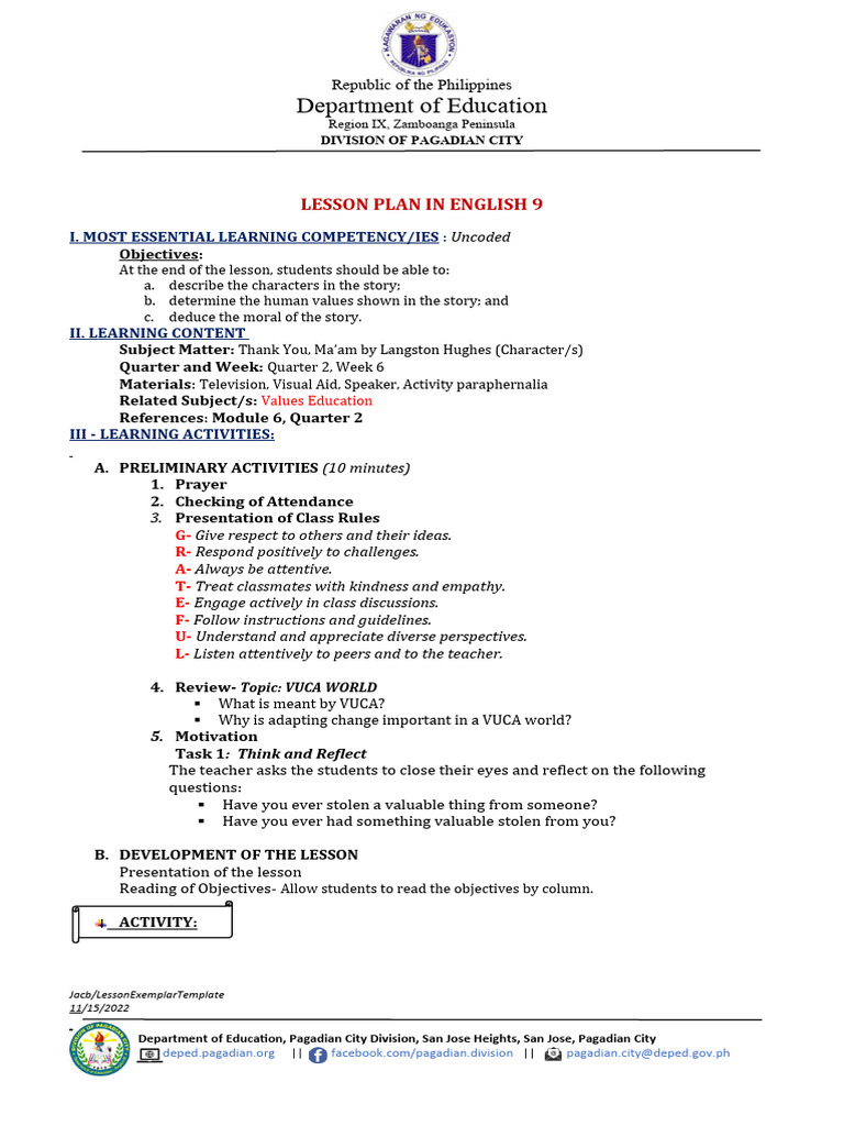 Grade 9 Lesson Plan (Thank You, Ma'am by Langston Hughes) PDF