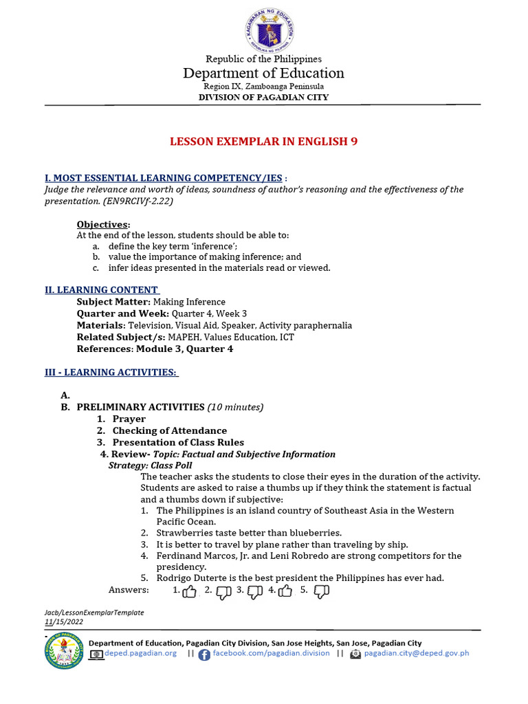 Grade 9-Lesson-Exemplar | Download Free PDF | Inference | Deductive ...