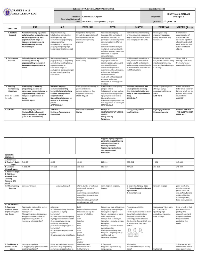 Grade 2 Daily Lesson Log Overview | PDF