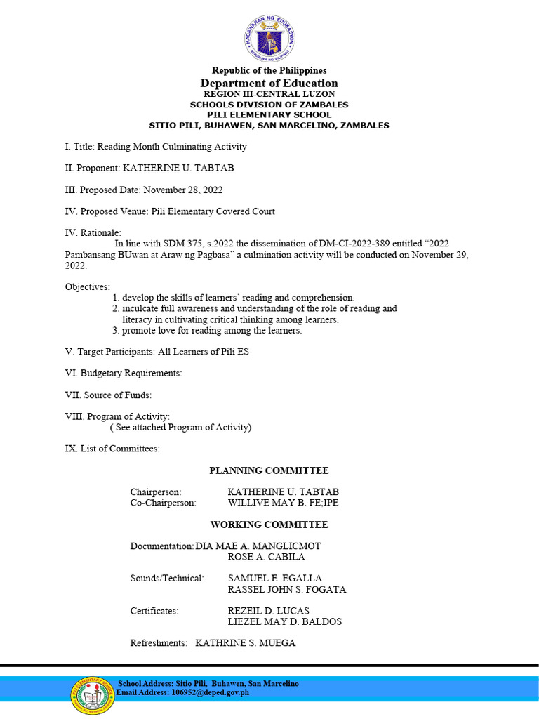 Culminating Activity Reading Month Pdf Philippines Learning