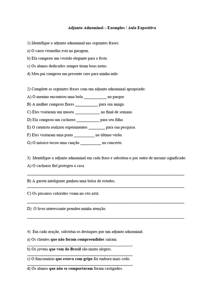 Exercícios sobre Adjunto Adnominal 7º Ano | PDF | Casa e Jardim | Arte