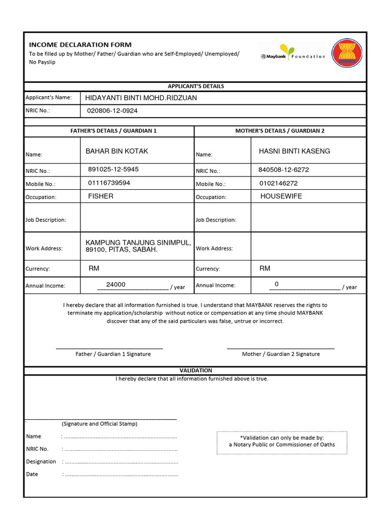 Asean maybank scholarship parents income declaration form v1 pdf