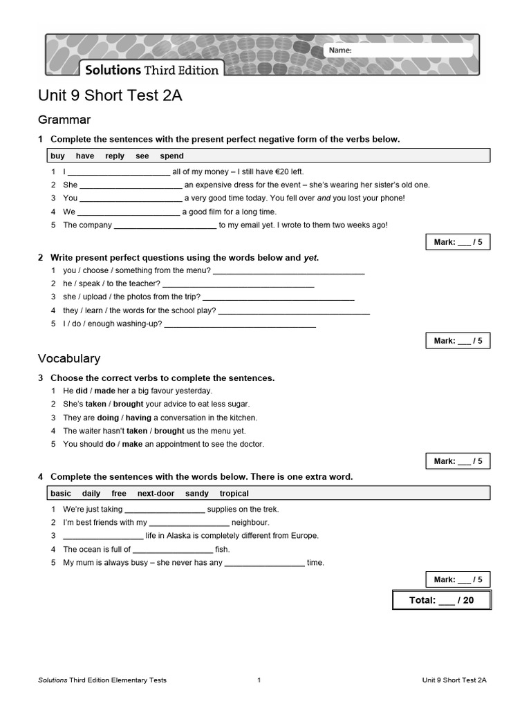 Sol3e Elem U9 Short Test 2a | PDF | Linguistic Morphology | Language ...