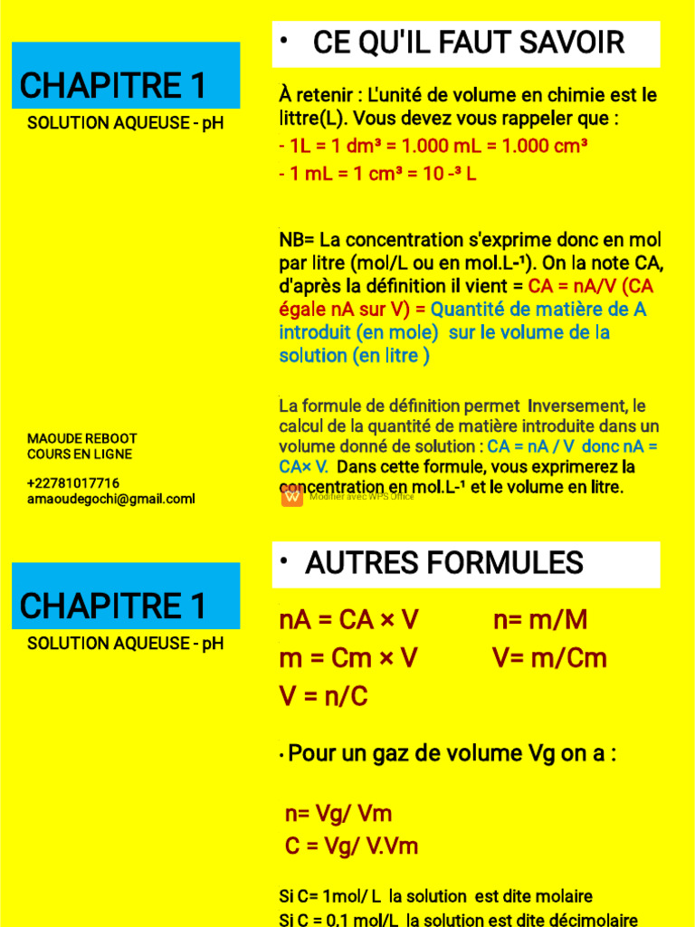 Formules de concentration en chimie | PDF | Ph | Densité