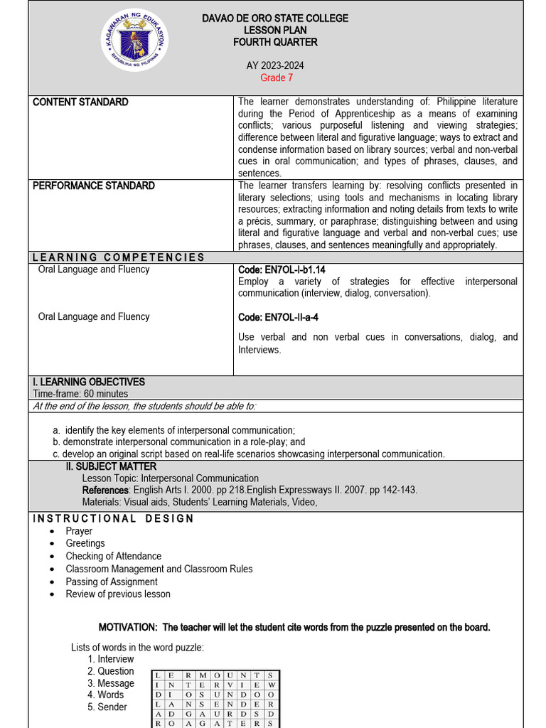 Interpersonal Communication Lesson Plan | PDF | Communication ...