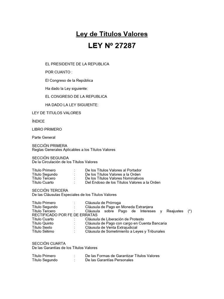 LEY #27287 Ley de Títulos Valores | PDF | Ley de fideicomiso | Cheque