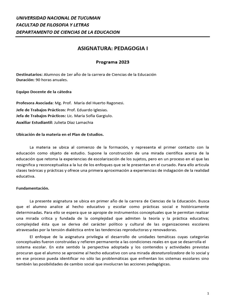 Programa 2023 - Pedagogía I | PDF | Pedagogía | Evaluación