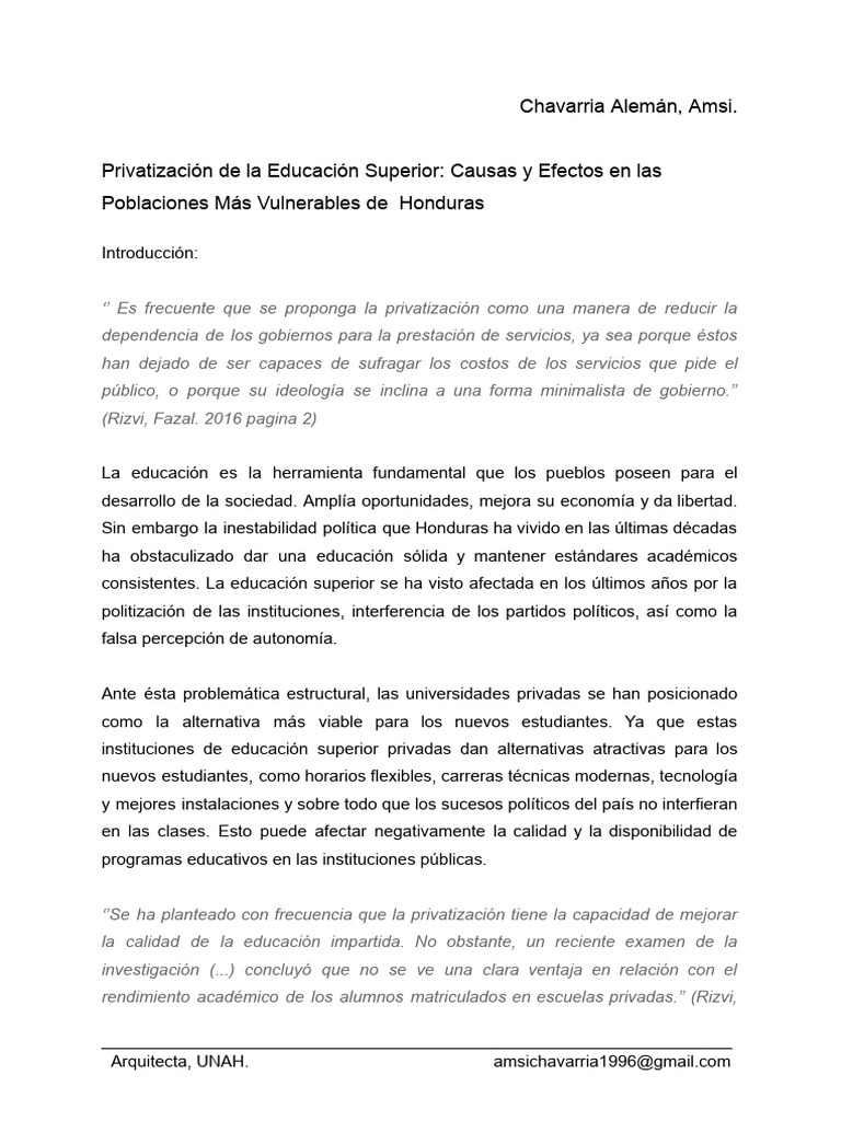 Efectos de la Privatización Educativa en Honduras | PDF | Honduras ...