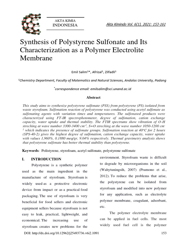 Synthesis and Characterization of PSS | PDF | Fuel Cell | Polystyrene