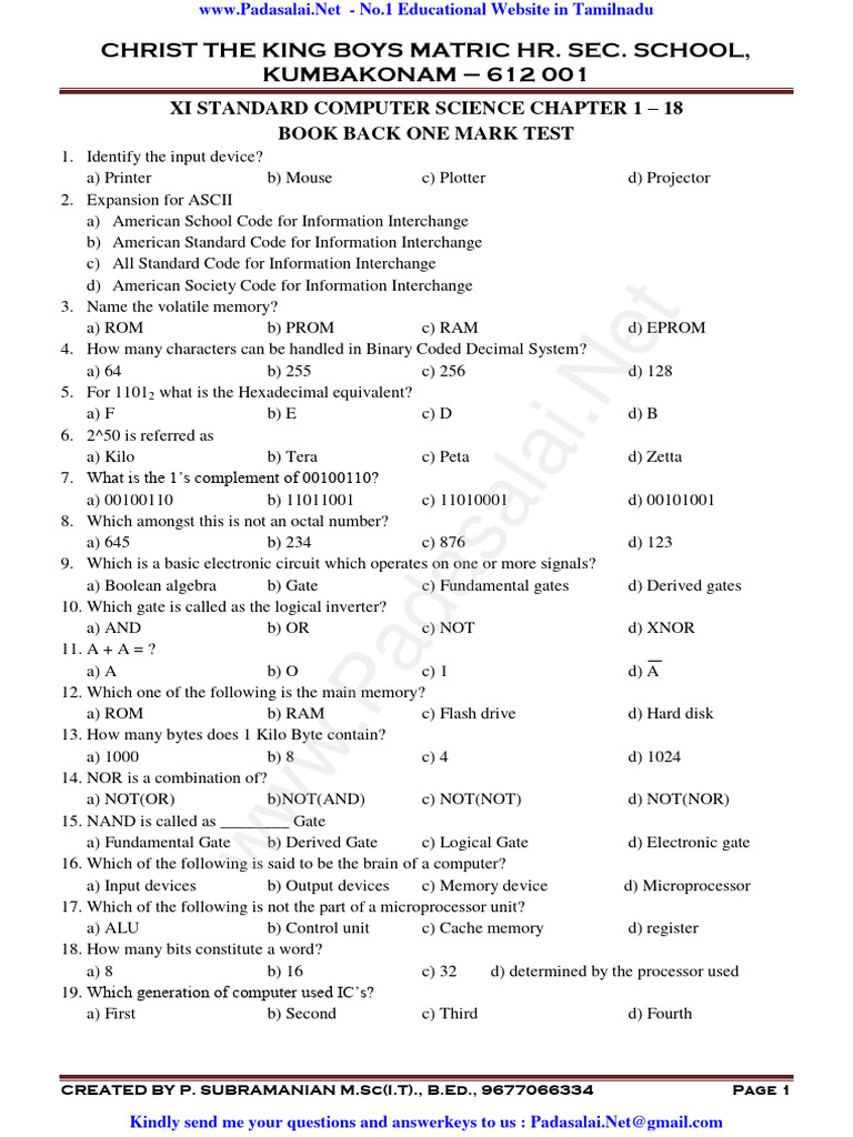 11th Computer Science EM Book Back 1 Mark Questions English Medium PDF ...