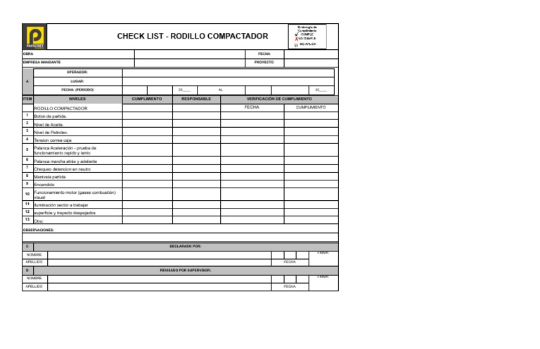 Checklist para Rodillo Compactador | PDF