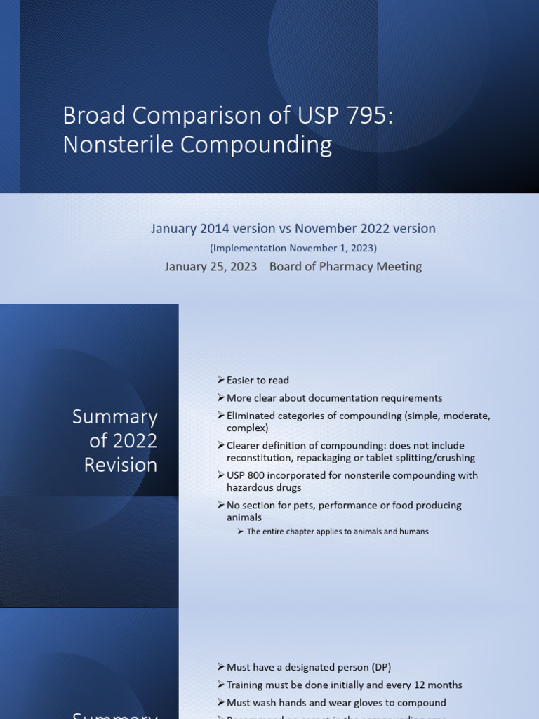 Presentations Broad Comparison of USP 795 2022 PDF Hand Washing Health Care