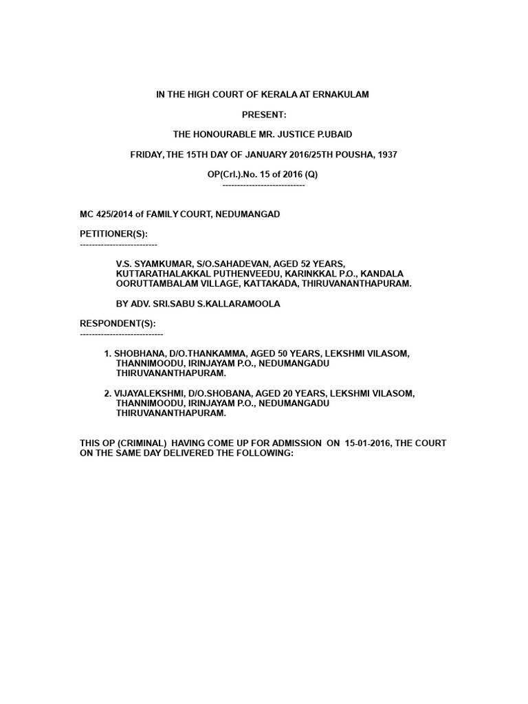 VS SYAM KUMAR VS SHOBANA JUDGEMENT HIGH COURT OF KERALA PDF Ex