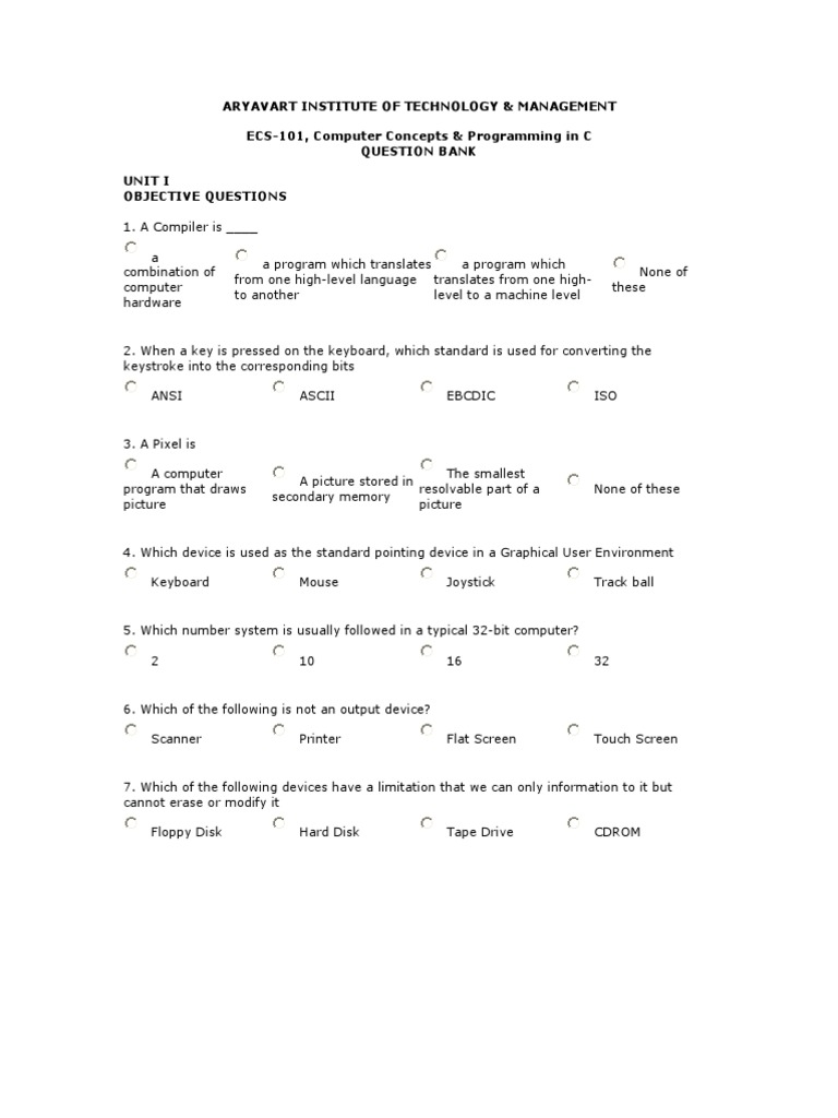 C Programming Concepts Question Bank | PDF