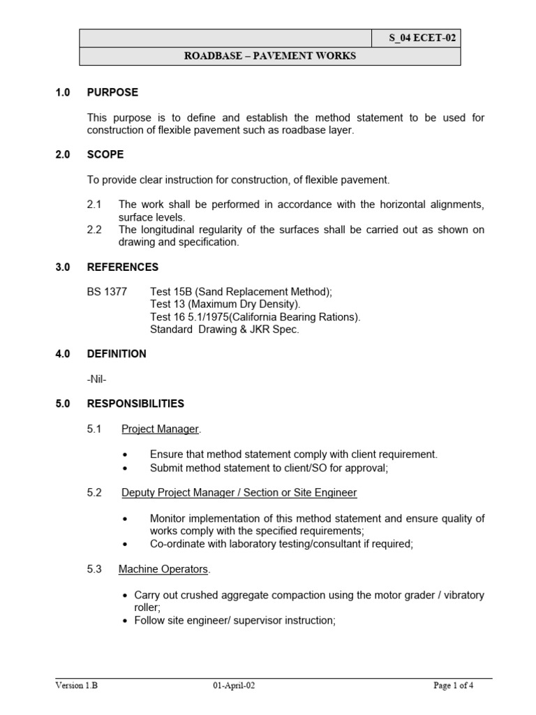 Roadbase Construction Method Statement | PDF | Road Surface
