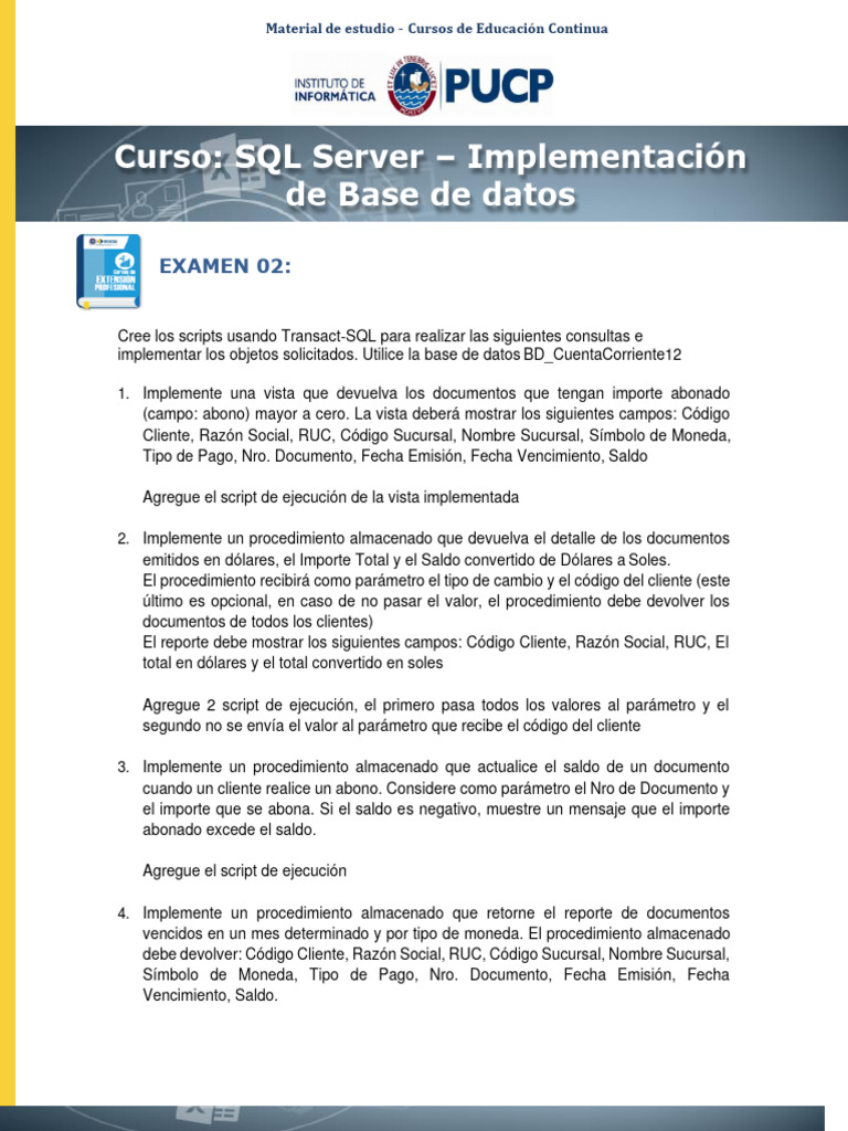 Examen SQL Server: Consultas y Procedimientos | PDF | Servidor SQL de ...