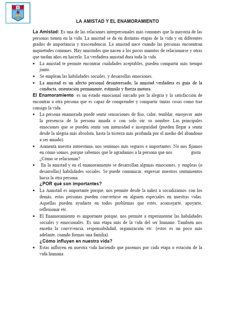 La Amistad y El Enamoramiento PDF | PDF | Amor | Las emociones
