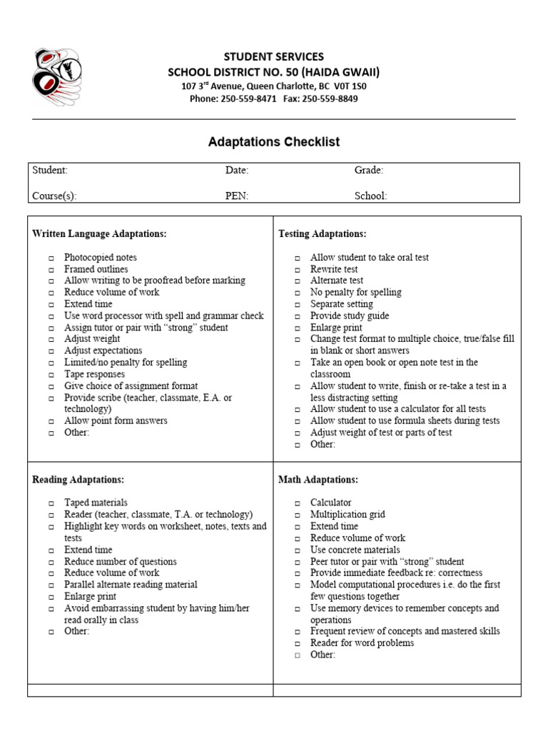 Student Adaptations Checklist Guide | PDF | Learning | Human Communication