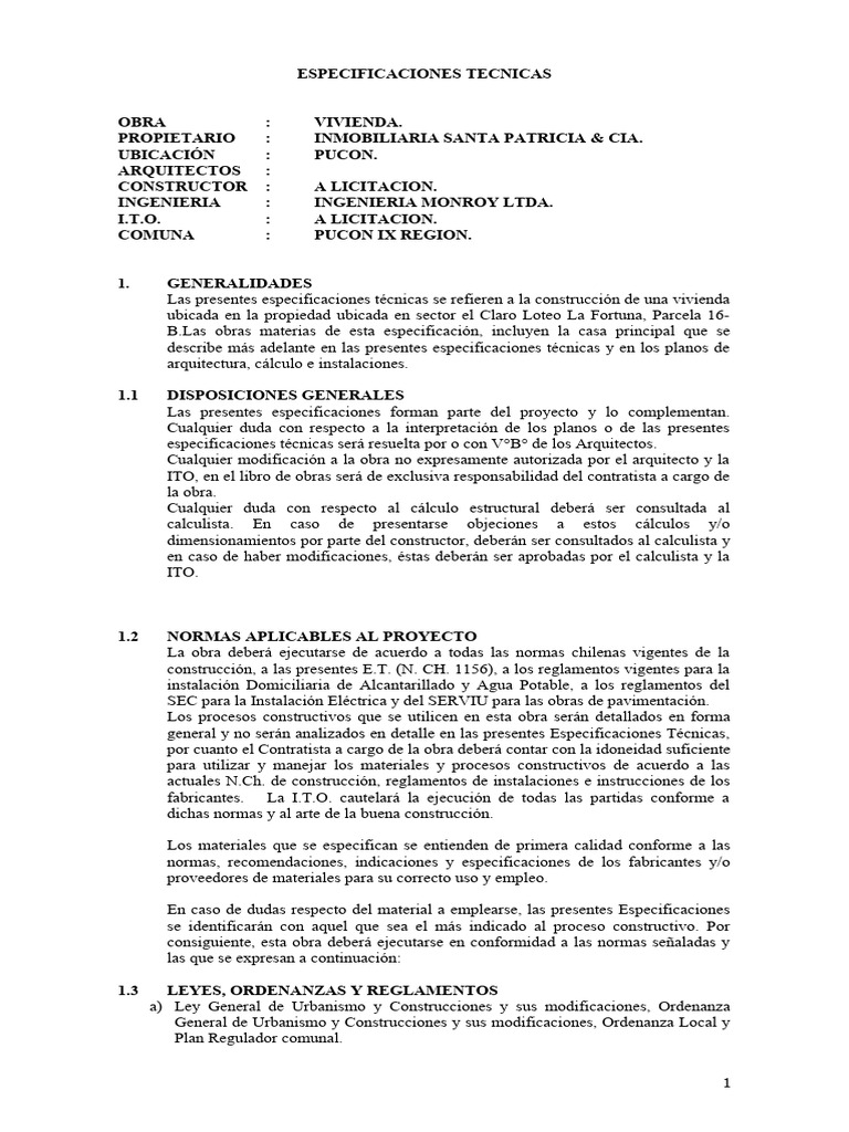 Especificaciones tecnicas casa habitacion pdf contratista general