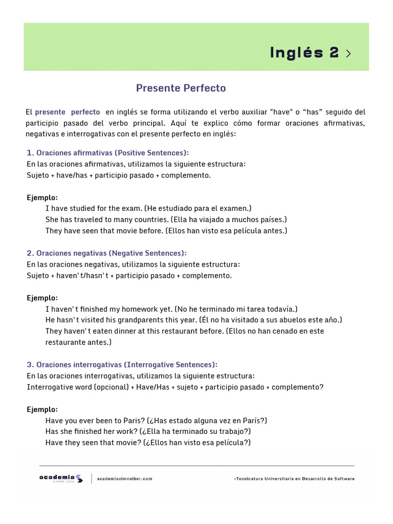 Guía Completa del Presente Perfecto | PDF | Verbo | Asunto (gramática)
