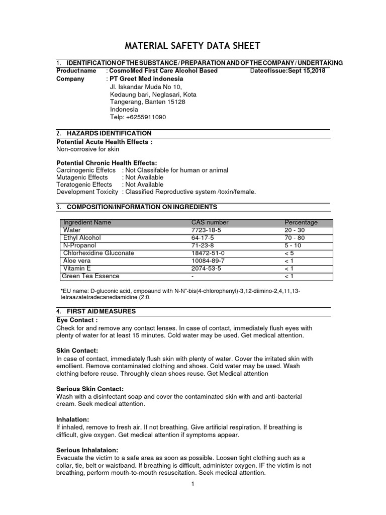 MSDS - Cosmo Med First Care Alcohol Based | PDF | Labor Relations ...