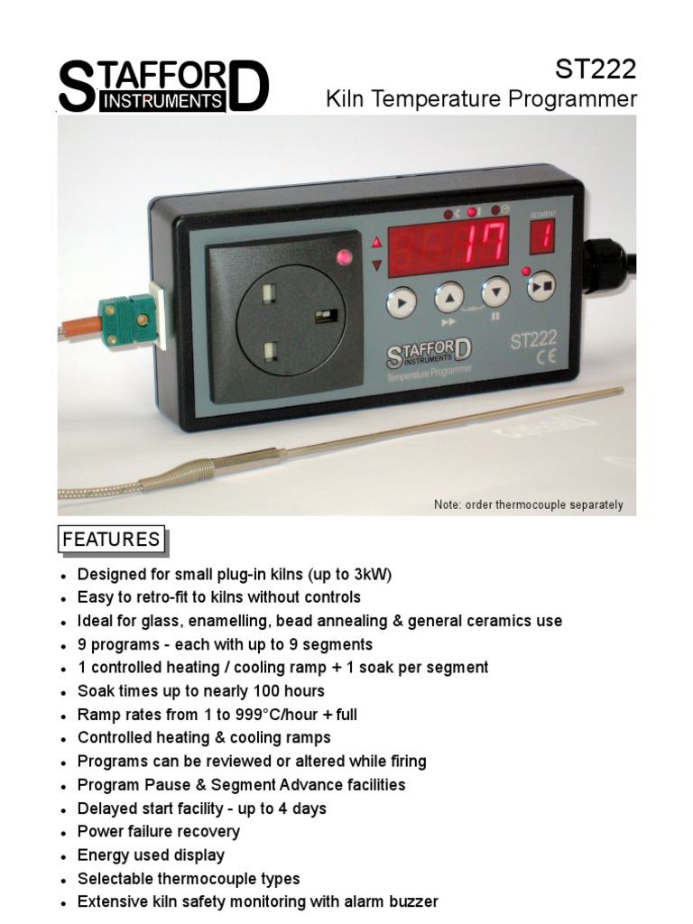 ST222 13A Plug in Kiln Temperature Programmer Suitable Glass and Ceramics PDF Ac Power