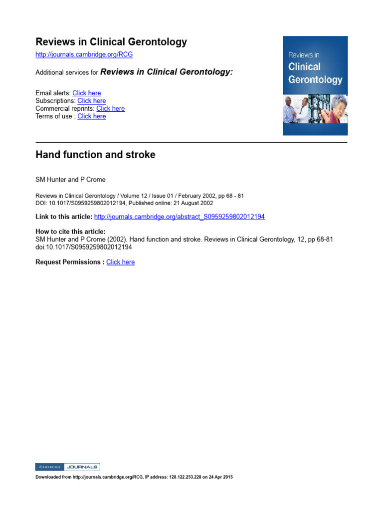 Hand Function Post-Stroke Recovery | PDF | Perception | Somatosensory ...