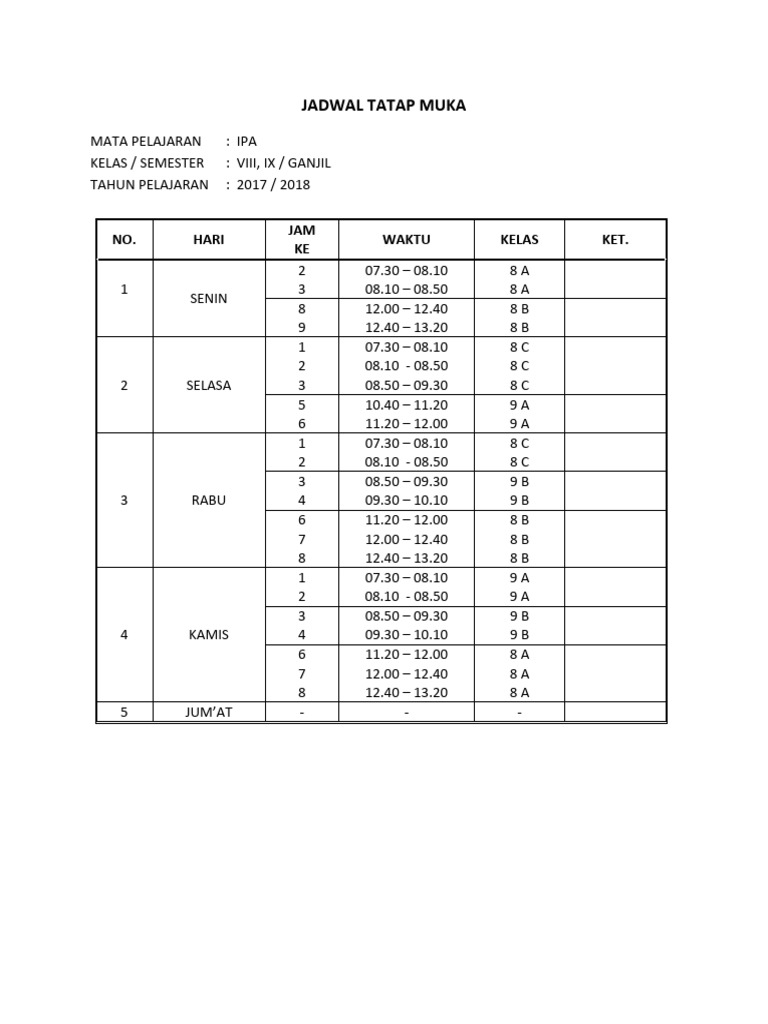Jadwal Tatap Muka Kelas VIII-IX | PDF