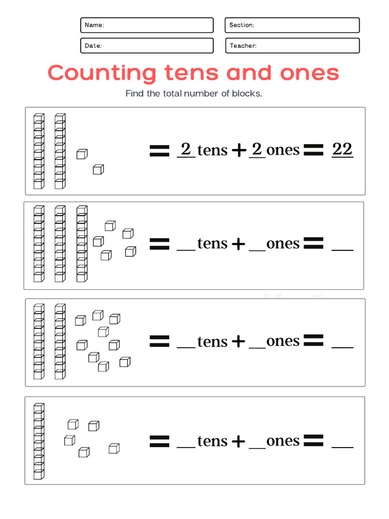 Counting Tens and Ones Blocks Worksheet | PDF