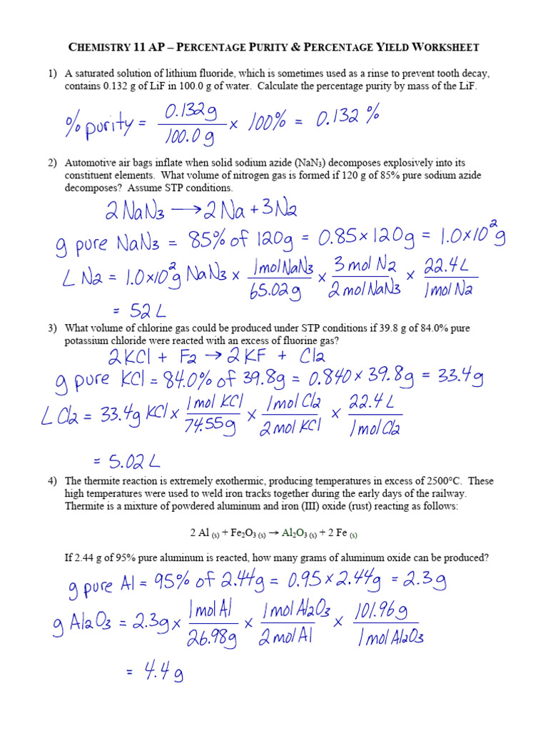 Percentage Purity Percentage Yield Worksheet Solutions Ypyqig PDF